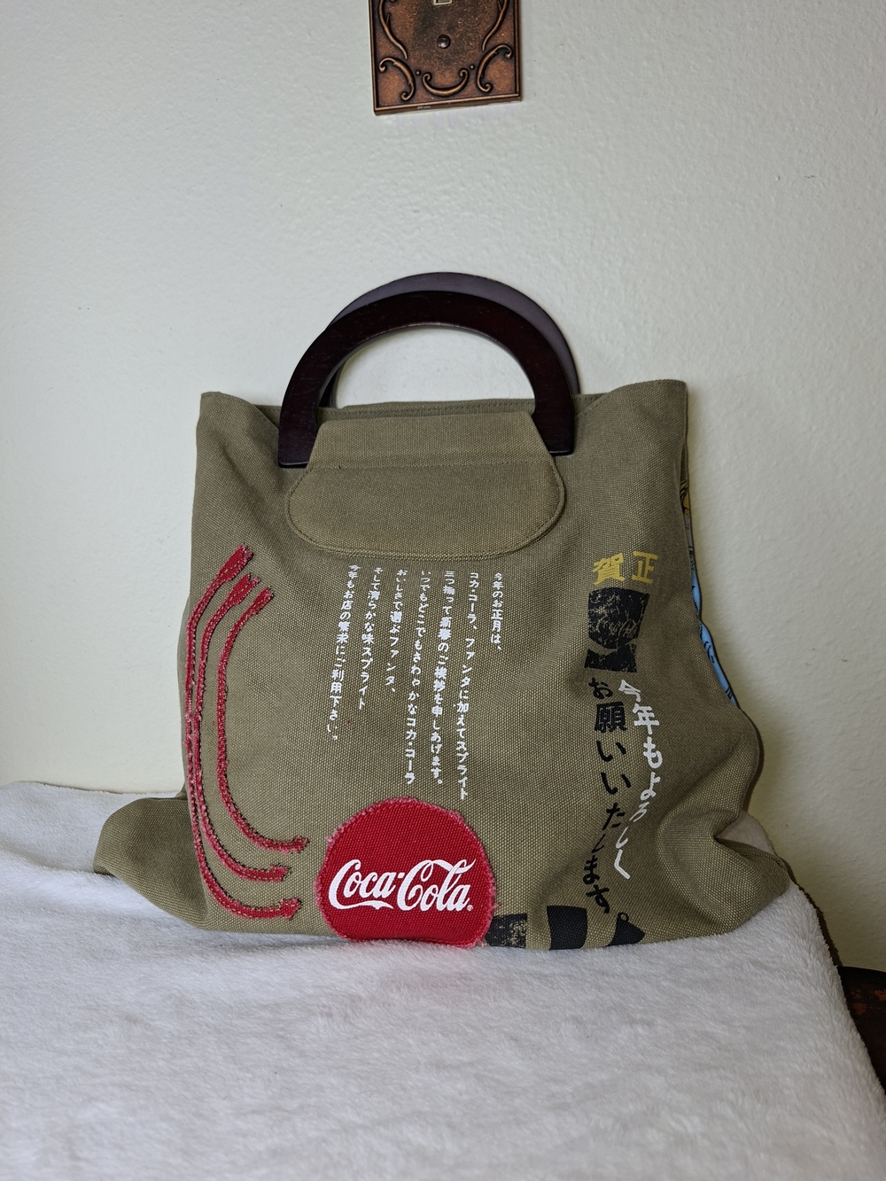 Coca Cola Olive Canvas Tote with Red Logo and Wooden Handles